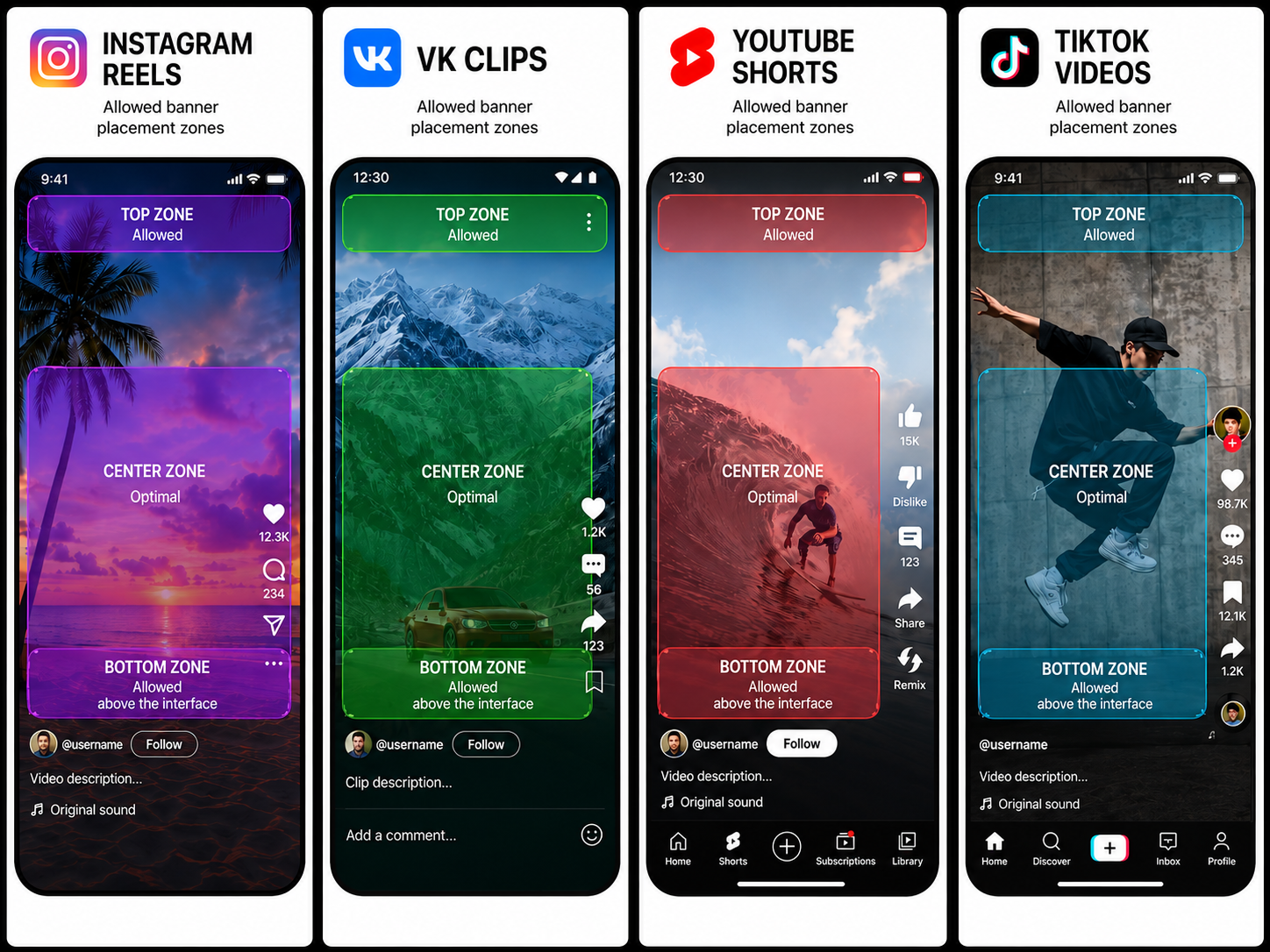 Allowed banner placement zones for Instagram Reels, VK Clips, YouTube Shorts and TikTok