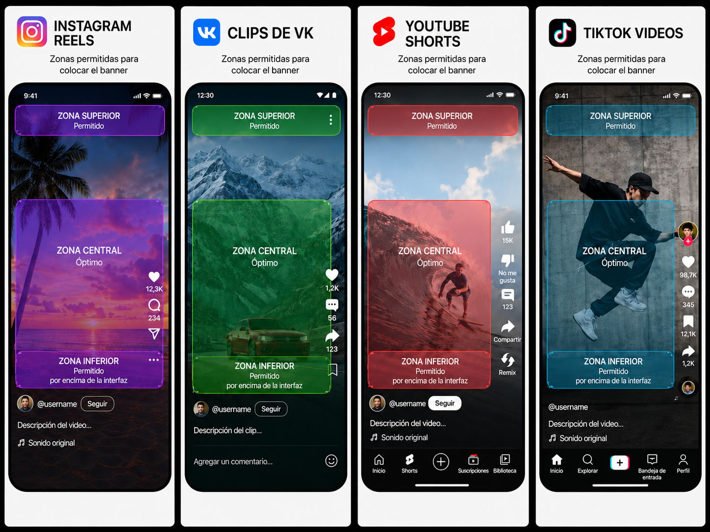 Zonas permitidas para colocar el banner en Instagram Reels, Clips de VK, YouTube Shorts y TikTok